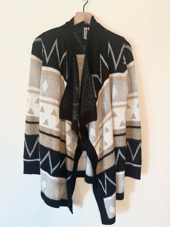 Alya Sweaters - Black Beige Geometric Open Front Cardigan Sweater | Metallic Thread | Cozy Boho